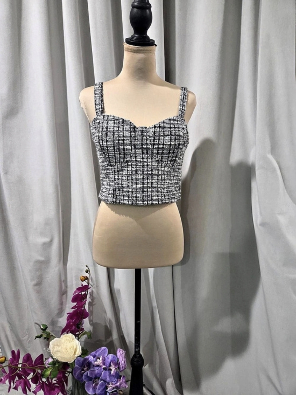 Steve Madden Checkered Bustier Crop Top in Black & White XL